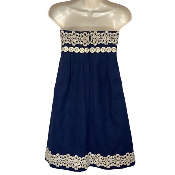 Lilly Pulitzer Betsey Navy and Gold Jacquard Strapless Dress Size 2 - Picture 5 of 16
